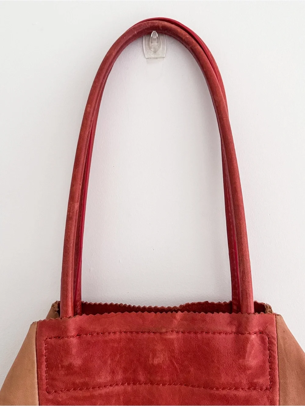 Banana Republic Leather Tote Color Block Tan & Red Patchwork Shoulder Bag - Picture 8 of 15